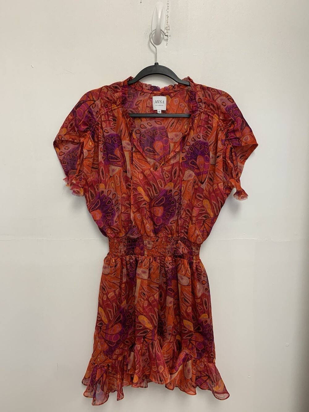 Misa Dominique Mini Dress Womens M Red Abstract Semi Sheer Chiffon